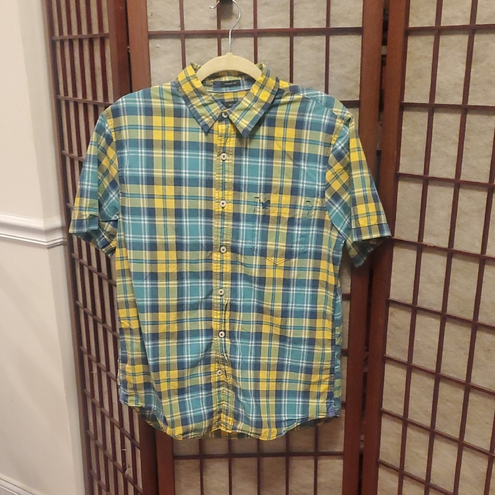 American Eagle Outfitters Blue and Yellow Casual Button Down Shirt